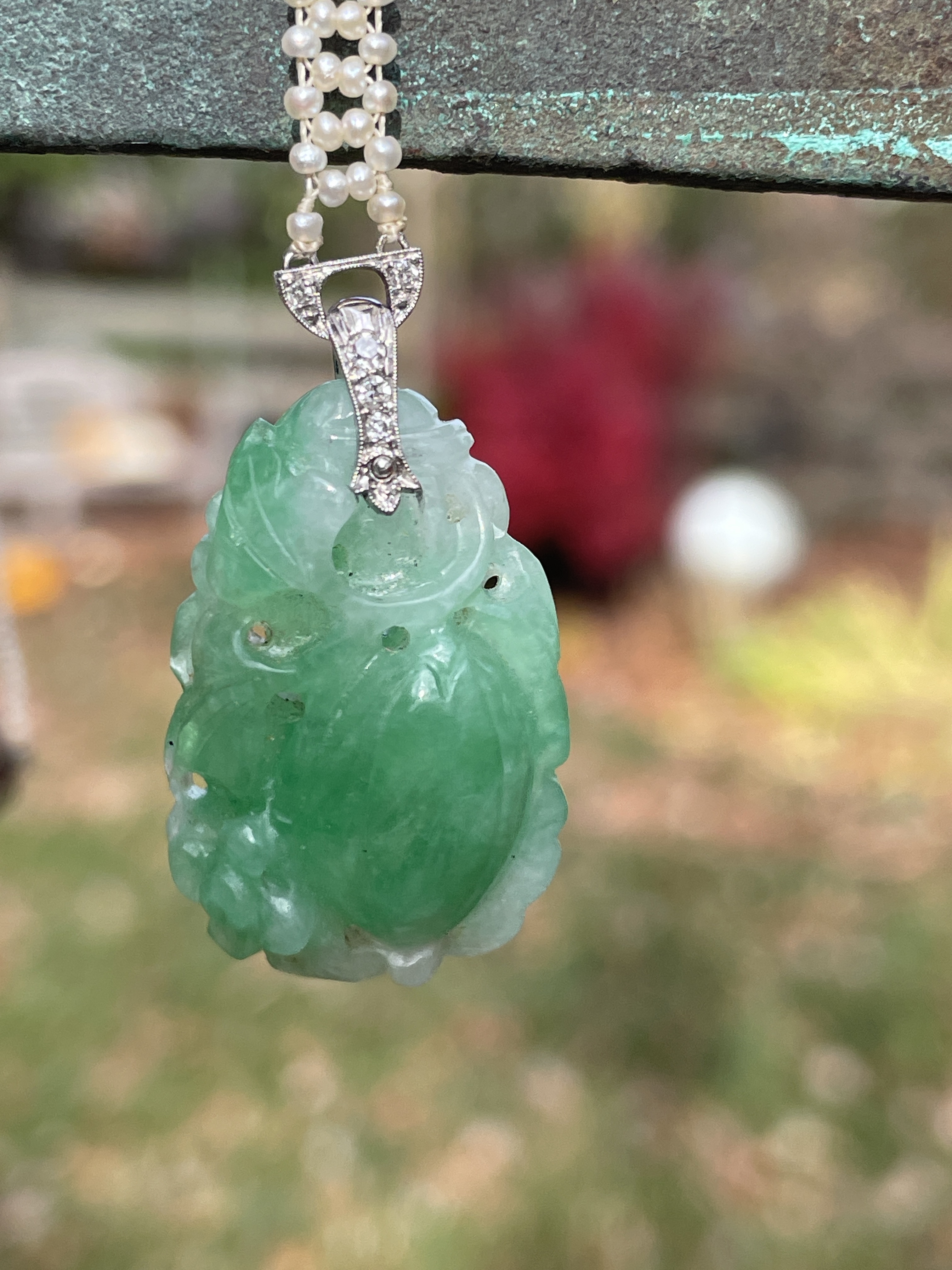 Artwork by Unknown , Antique Double Strand Seed Pearl, Carved Jade Necklace. Carved Jade Pendant and Bezel Set Carved Jad, Made of Carved Jade Pen