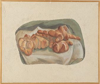 Lorenzo Ceregato (Lonigo 1933 - Bologna 2020). Natura morta con pane. Tecnica mista su tavoletta. - Lorenzo Ceregato