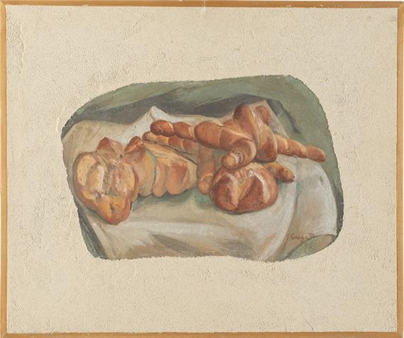 Lorenzo Ceregato (Lonigo 1933 - Bologna 2020). Natura morta con pane. Tecnica mista su tavoletta. - Lorenzo Ceregato