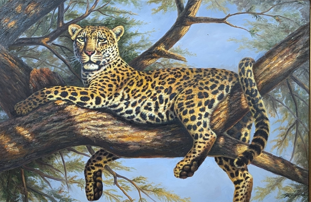 Artwork by Heidi Dawson, Auf einem Ast liegender Leopard, Made of Öl auf Leinwand