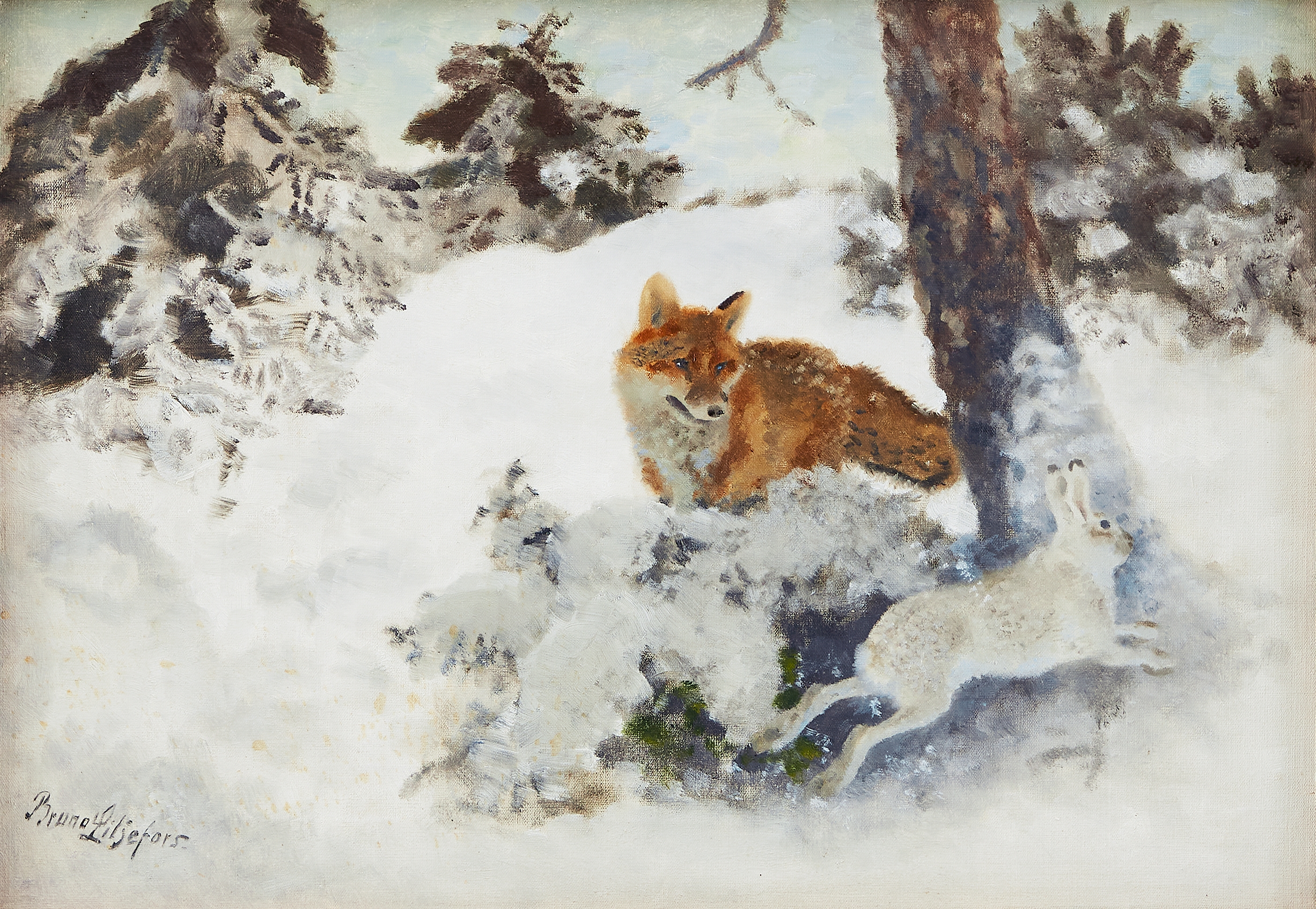 Artwork by Bruno Liljefors, Räv och hare i vinterlandskap. Signerad Bruno Liljefors, Made of oil on canvas