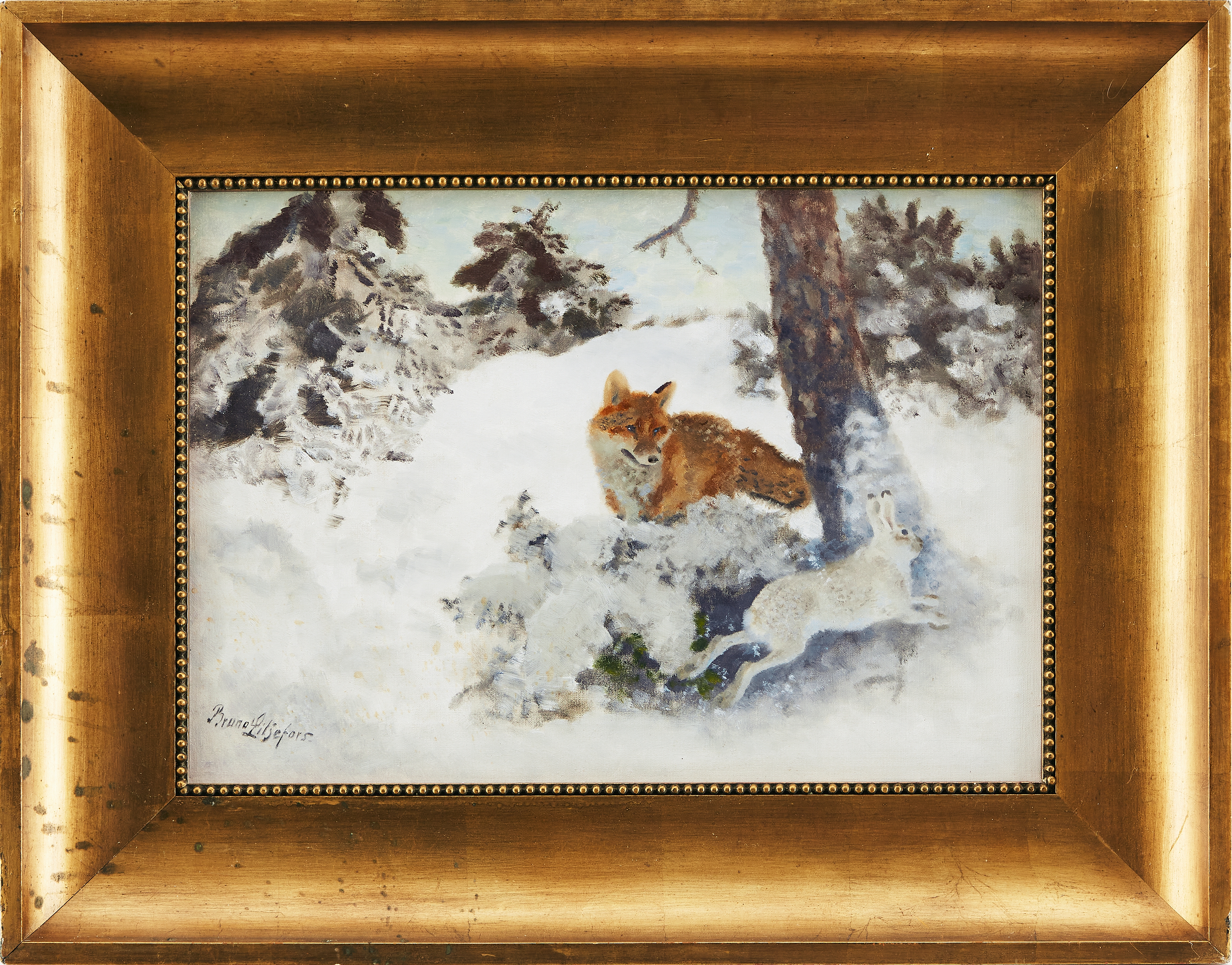 Artwork by Bruno Liljefors, Räv och hare i vinterlandskap. Signerad Bruno Liljefors, Made of oil on canvas