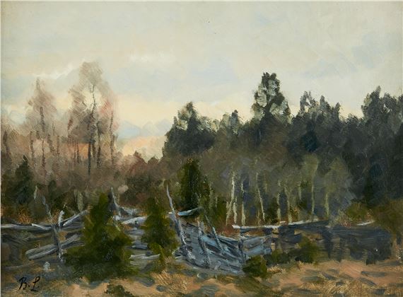 Vårlandskap med gärdesgård. Monogramsignerad B