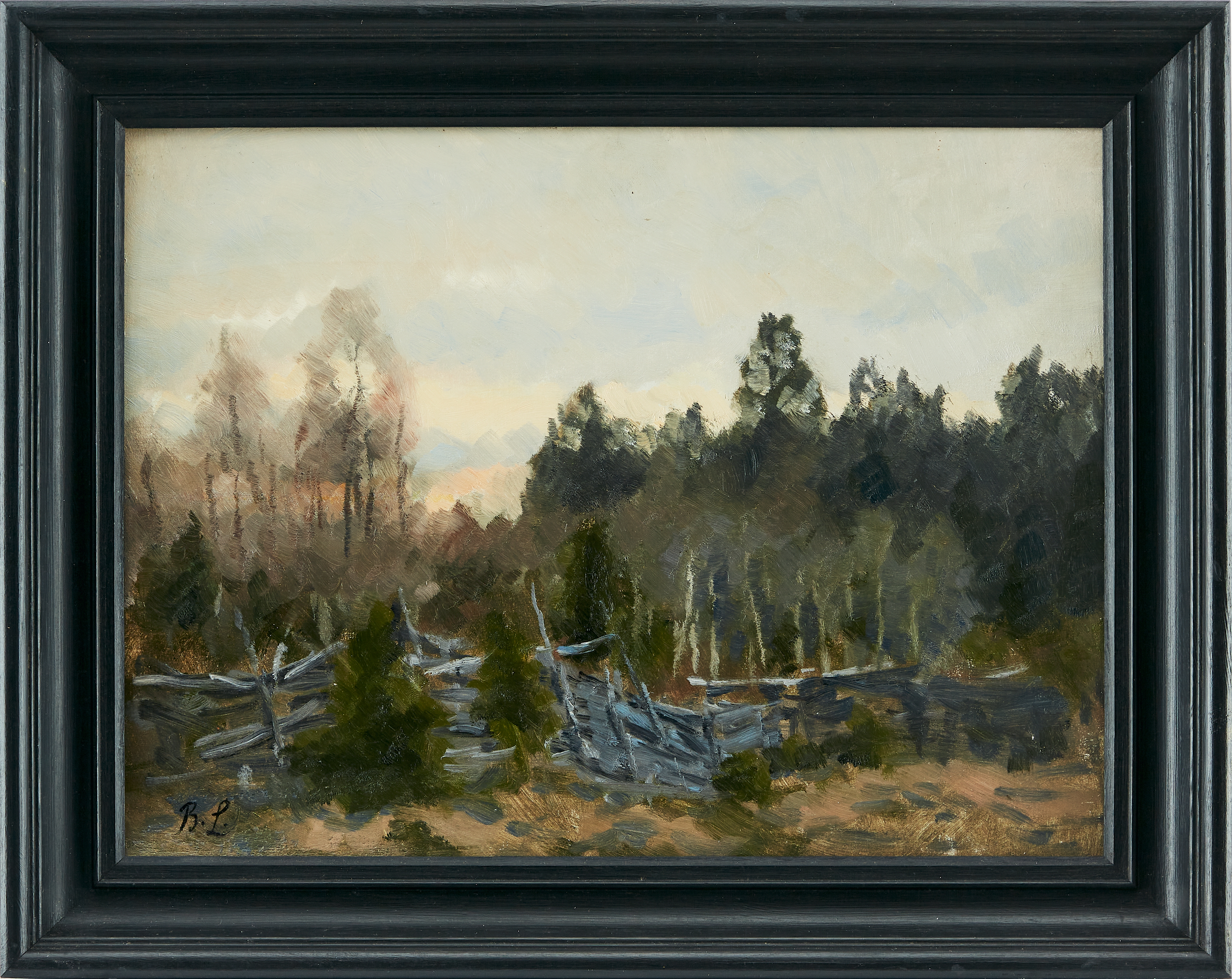 Artwork by Bruno Liljefors, Vårlandskap med gärdesgård. Monogramsignerad B, Made of oil on panel