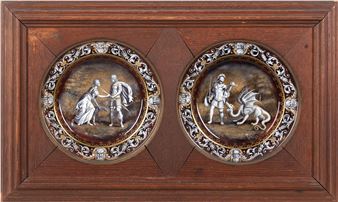 France, early 20th century, enamels on copper, walnut frames, both signed "M. Brain," plates, dia. 6 1/2, frame, ht. 11 1/4, wd. 18 3/4 in - M. Brain