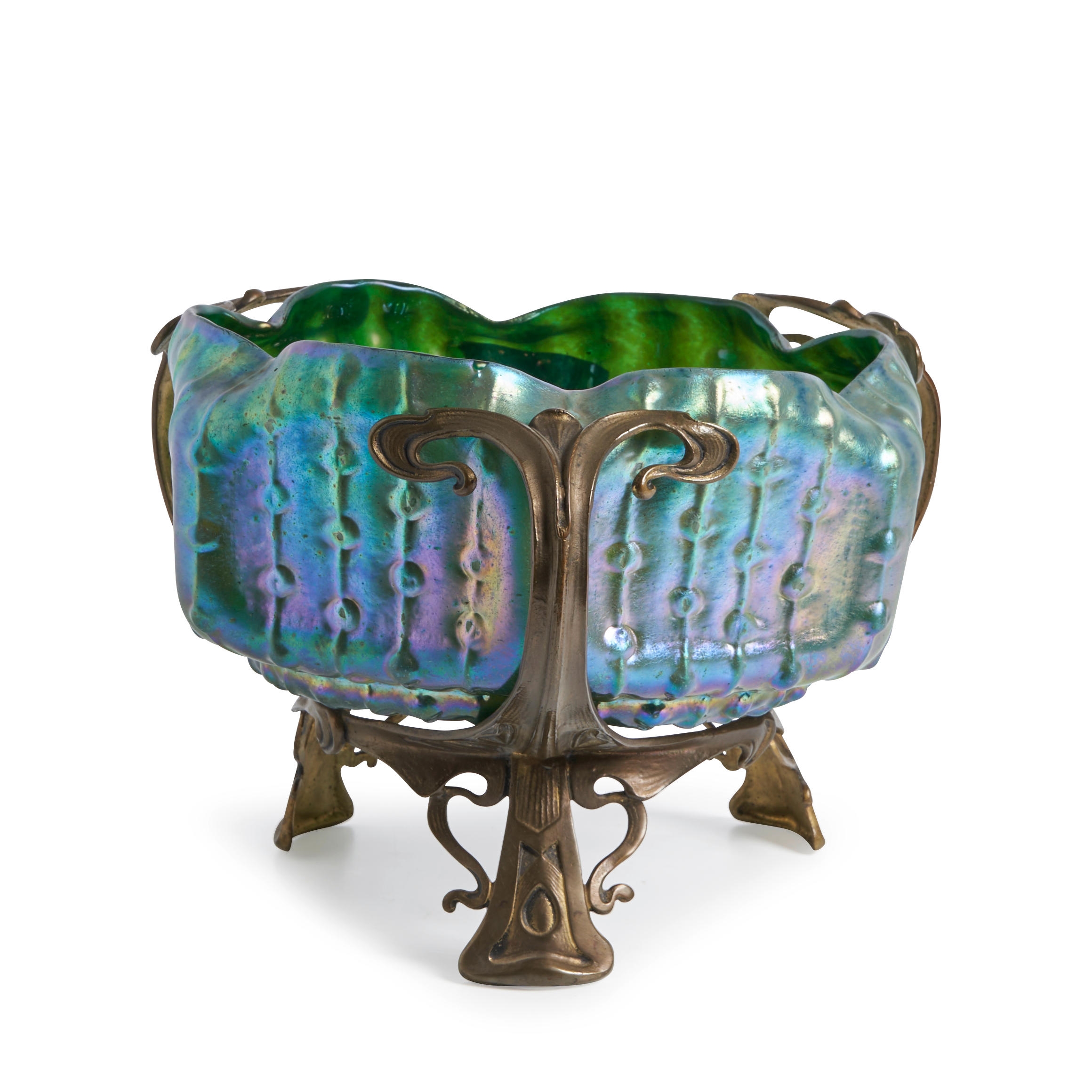 Artwork by Wilhelm Kralik Söhne, Czech Republic, c. 1900, unmarked, ht. 6 5/8, approx. dia. 10 in, Made of IRIDESCENT GLASS AND METAL