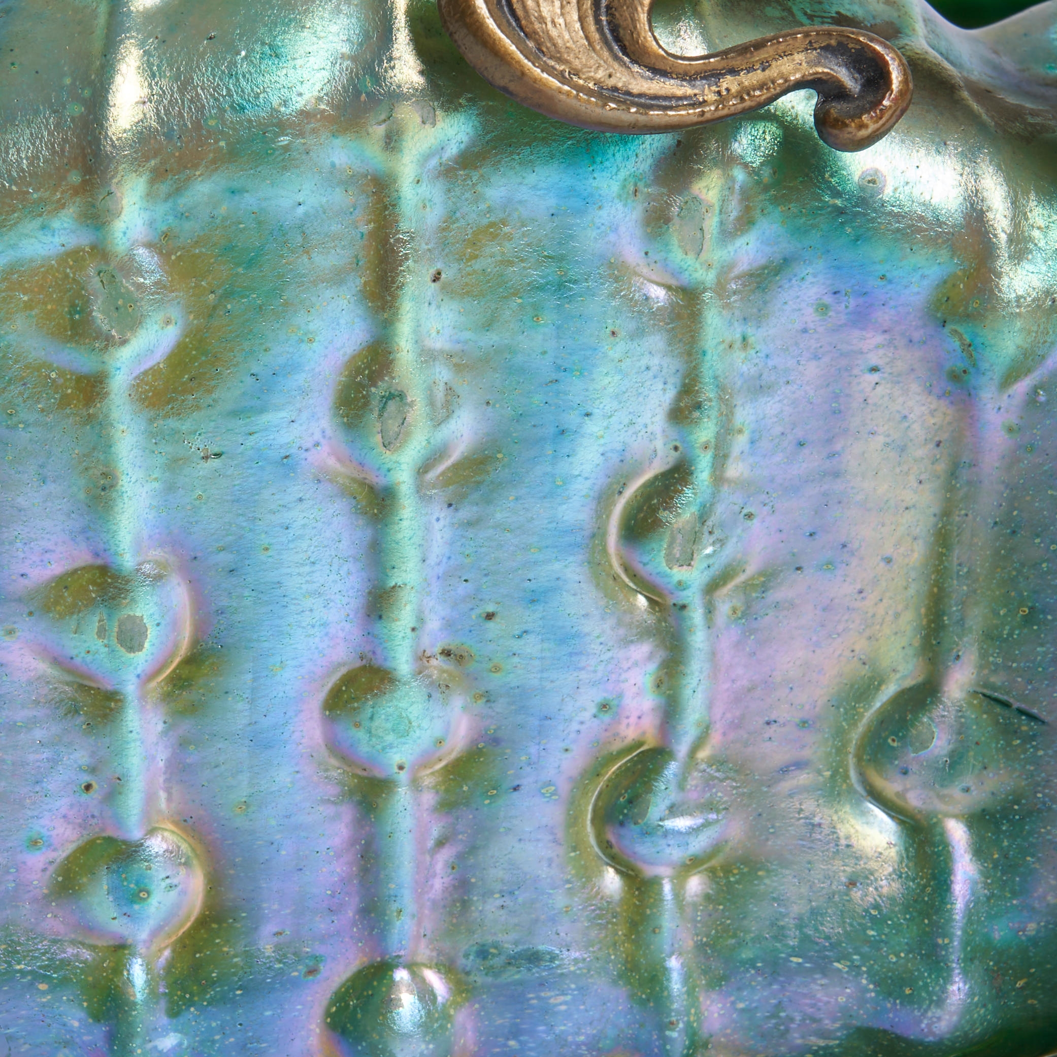 Artwork by Wilhelm Kralik Söhne, Czech Republic, c. 1900, unmarked, ht. 6 5/8, approx. dia. 10 in, Made of IRIDESCENT GLASS AND METAL