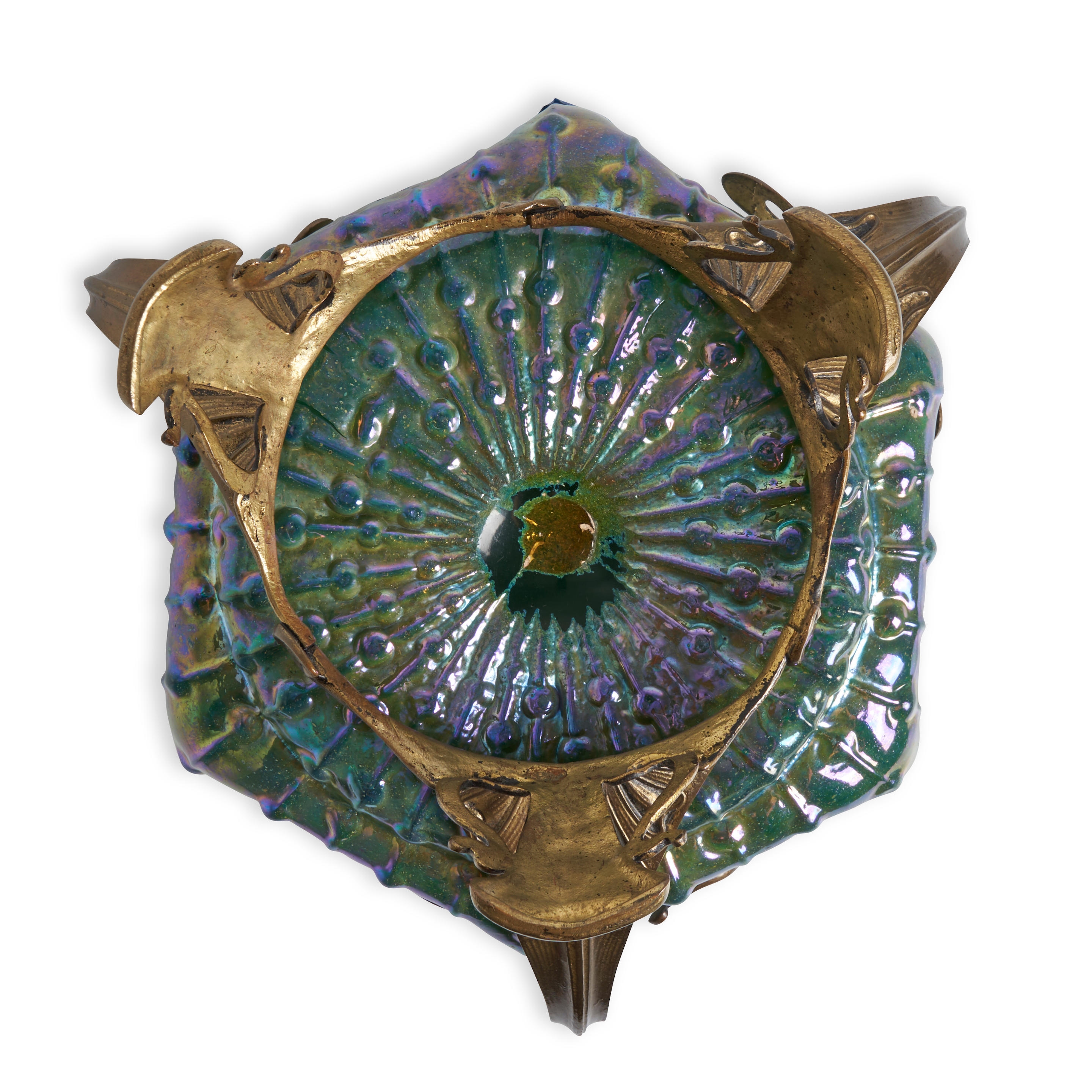 Artwork by Wilhelm Kralik Söhne, Czech Republic, c. 1900, unmarked, ht. 6 5/8, approx. dia. 10 in, Made of IRIDESCENT GLASS AND METAL