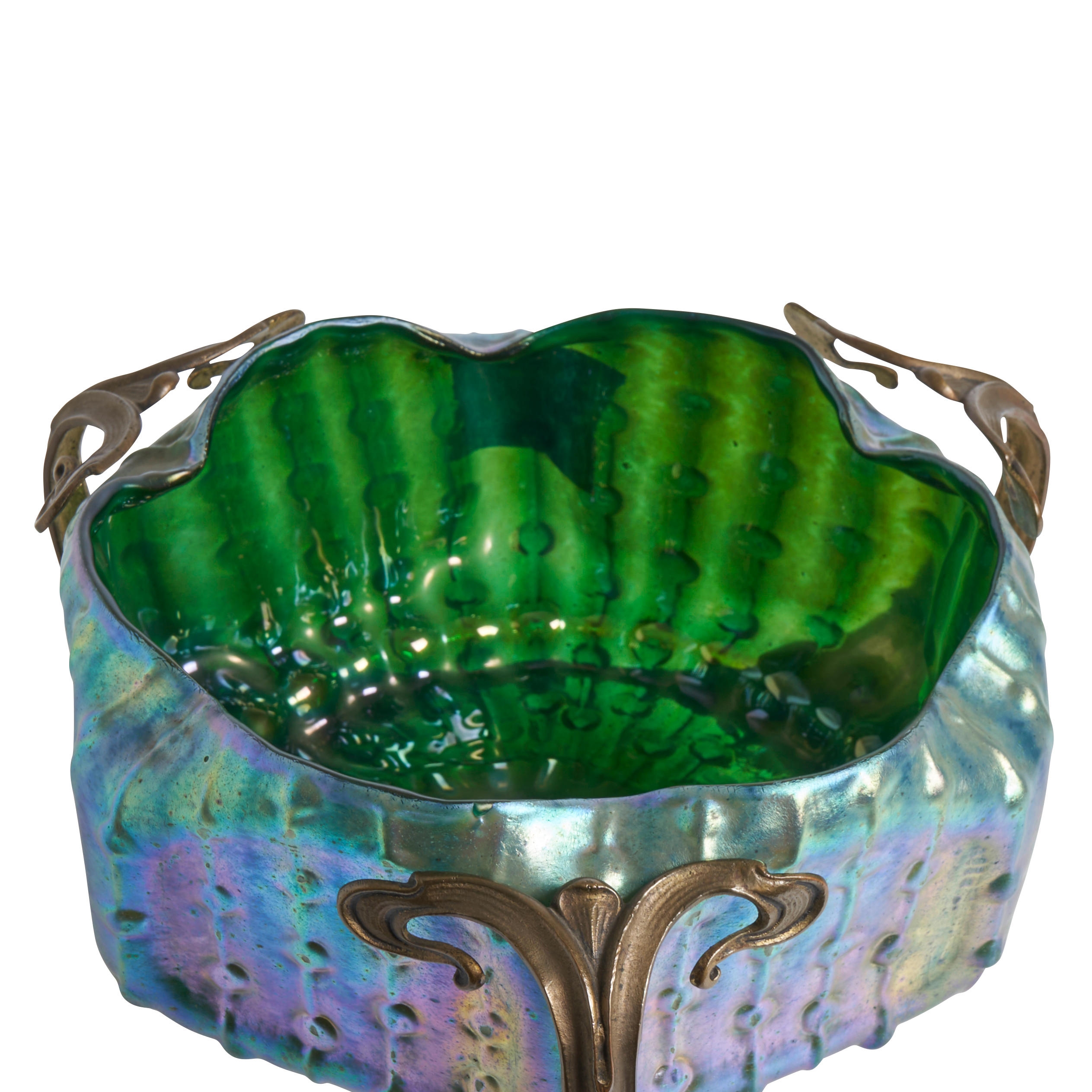 Artwork by Wilhelm Kralik Söhne, Czech Republic, c. 1900, unmarked, ht. 6 5/8, approx. dia. 10 in, Made of IRIDESCENT GLASS AND METAL