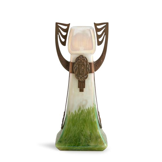 Czech Republic, c. 1900, iridescent "Helios"-type glass, brass mounts, unmarked, ht. 14, wd. 5 3/4, dp. 4 1/4 in