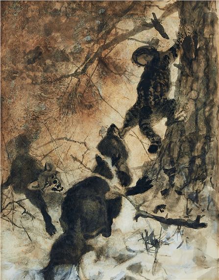 Rävar jagandes en katt. Akvarell och täckvitt på papper lagt på pappannå, 39,5 x 31,5 cm