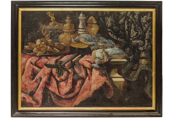 Natura morta con tessuti, vassoio con dolci e vasi in metallo sbalzato by Antonio Tibaldi