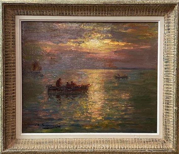 Barques sur la mer sous la lune by Charles Louis Signoret