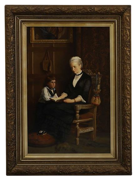 A woman reading to a child in an interior by Francis John Wyburd