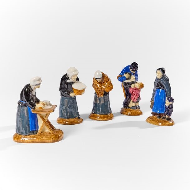 Artwork by Auguste Houillon, Cook spreading dough; Grandmother and grandchild;  Woman carrying a basket; Old woman covered with a shawl; The child and the letter carrier, Made of polychrome glazed earthenware