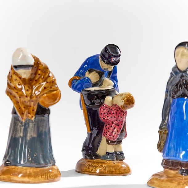 Artwork by Auguste Houillon, Cook spreading dough; Grandmother and grandchild;  Woman carrying a basket; Old woman covered with a shawl; The child and the letter carrier, Made of polychrome glazed earthenware