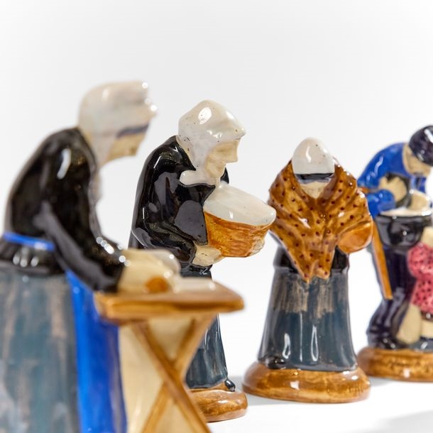 Artwork by Auguste Houillon, Cook spreading dough; Grandmother and grandchild;  Woman carrying a basket; Old woman covered with a shawl; The child and the letter carrier, Made of polychrome glazed earthenware