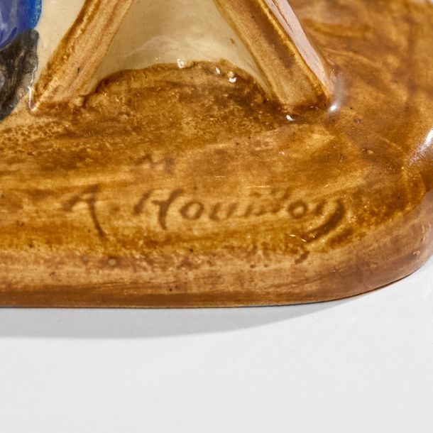 Artwork by Auguste Houillon, Cook spreading dough; Grandmother and grandchild;  Woman carrying a basket; Old woman covered with a shawl; The child and the letter carrier, Made of polychrome glazed earthenware