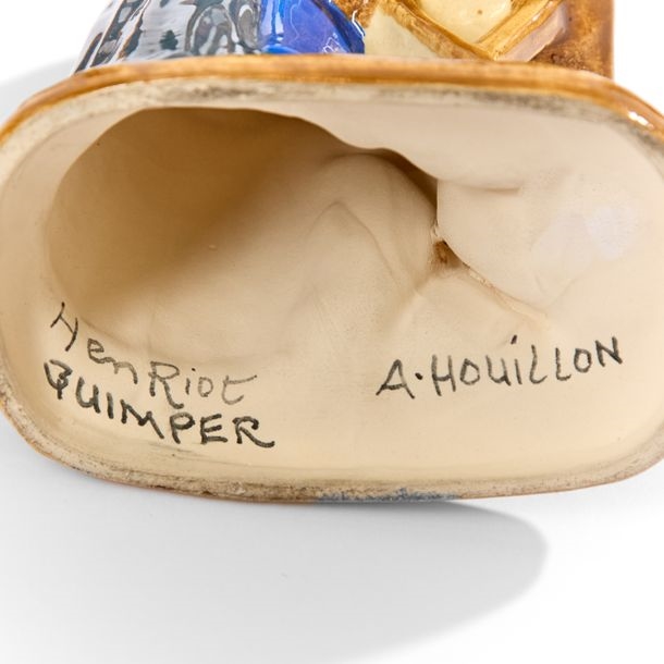 Artwork by Auguste Houillon, Cook spreading dough; Grandmother and grandchild;  Woman carrying a basket; Old woman covered with a shawl; The child and the letter carrier, Made of polychrome glazed earthenware