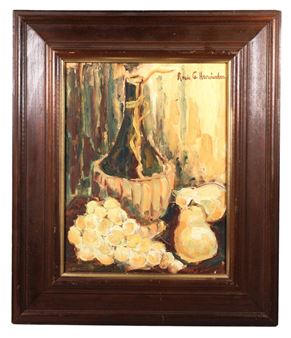 Still Life depicting a pear and a bunch of grapes next to a bottle - Hernandez Brothers / Los Bros Hernandez