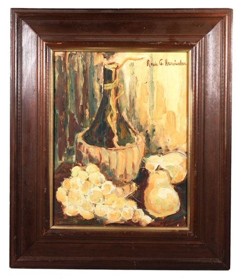 Still Life depicting a pear and a bunch of grapes next to a bottle - Hernandez Brothers / Los Bros Hernandez