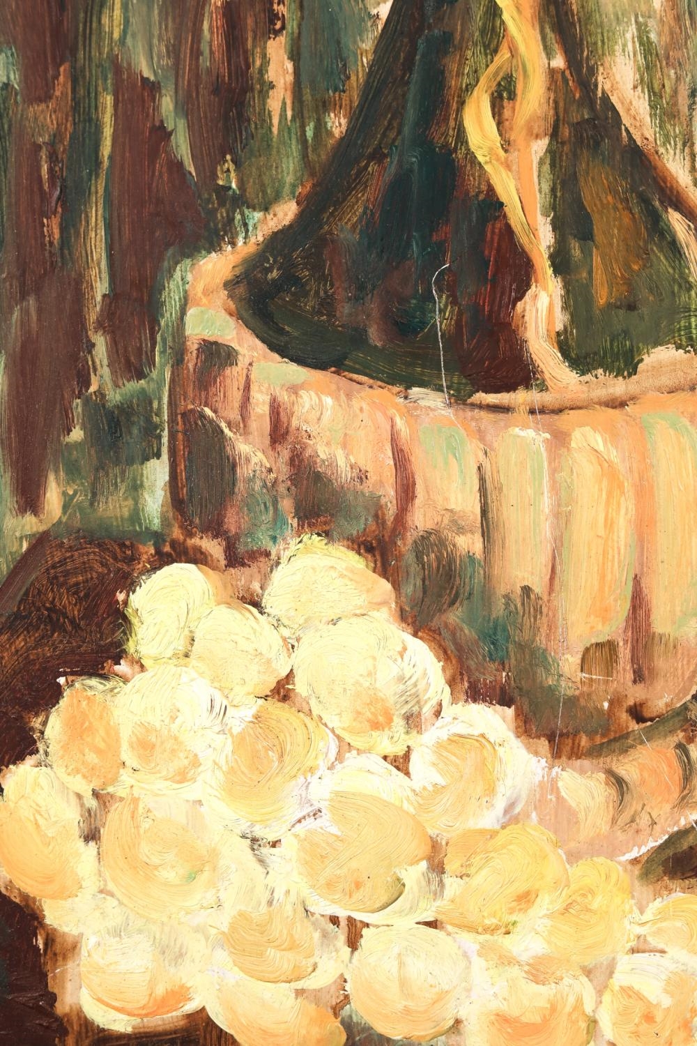 Artwork by Hernandez Brothers / Los Bros Hernandez, Still Life depicting a pear and a bunch of grapes next to a bottle, Made of photo