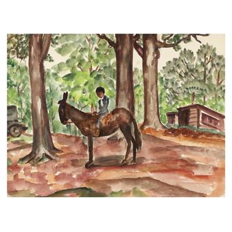 A watercolor scene of a person riding a donkey through a wooded area.