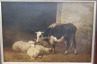 Louis Marie D.R.Robbe (1806-1887) "Cow with sheep in a stable - Louis Marie D.r.robbe