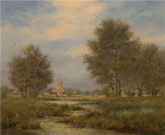Dutch pasture landscape with a view of a village - Jan Van Delft