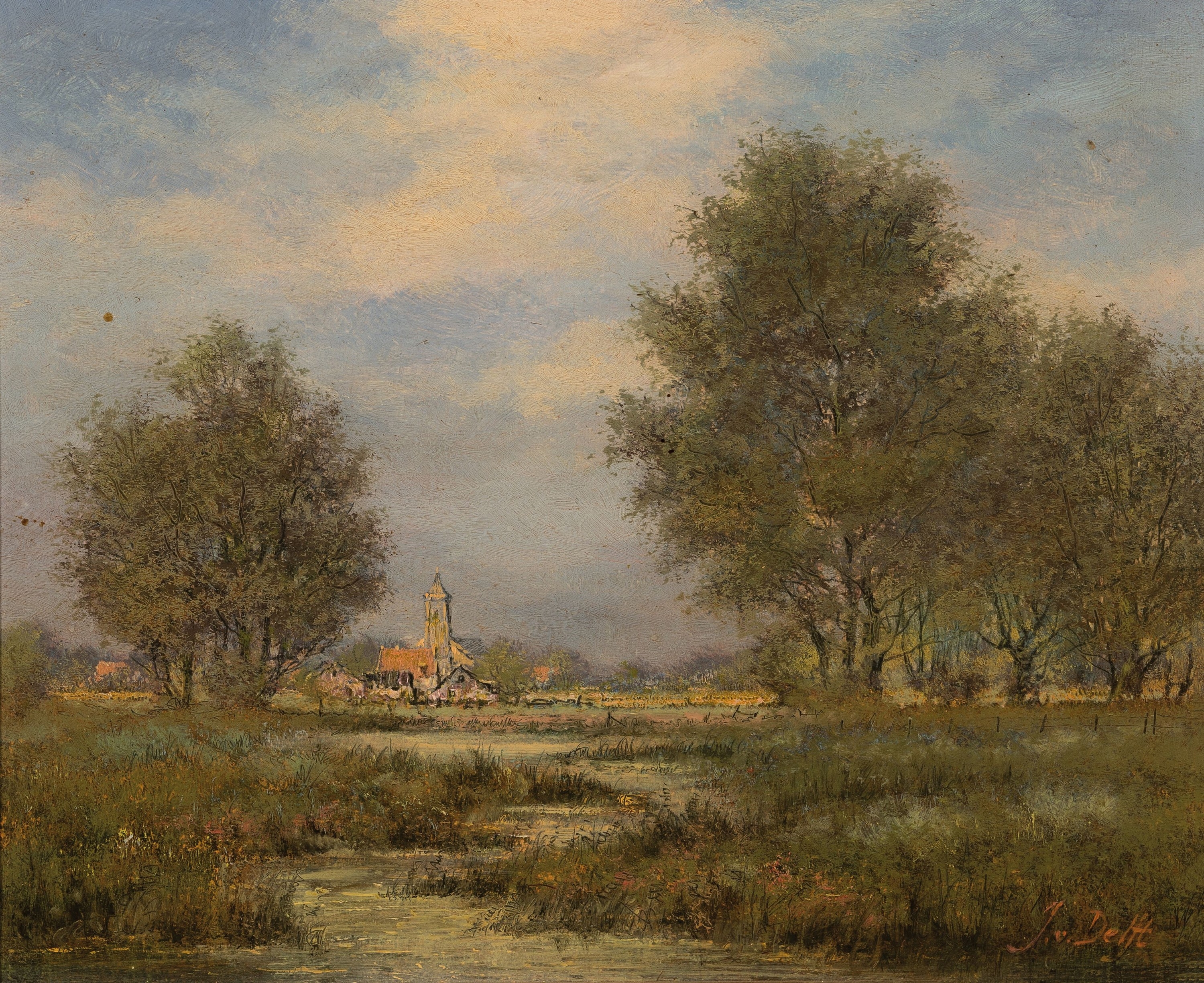 Artwork by Jan Van Delft, Dutch pasture landscape with a view of a village, Made of Oil on Panel