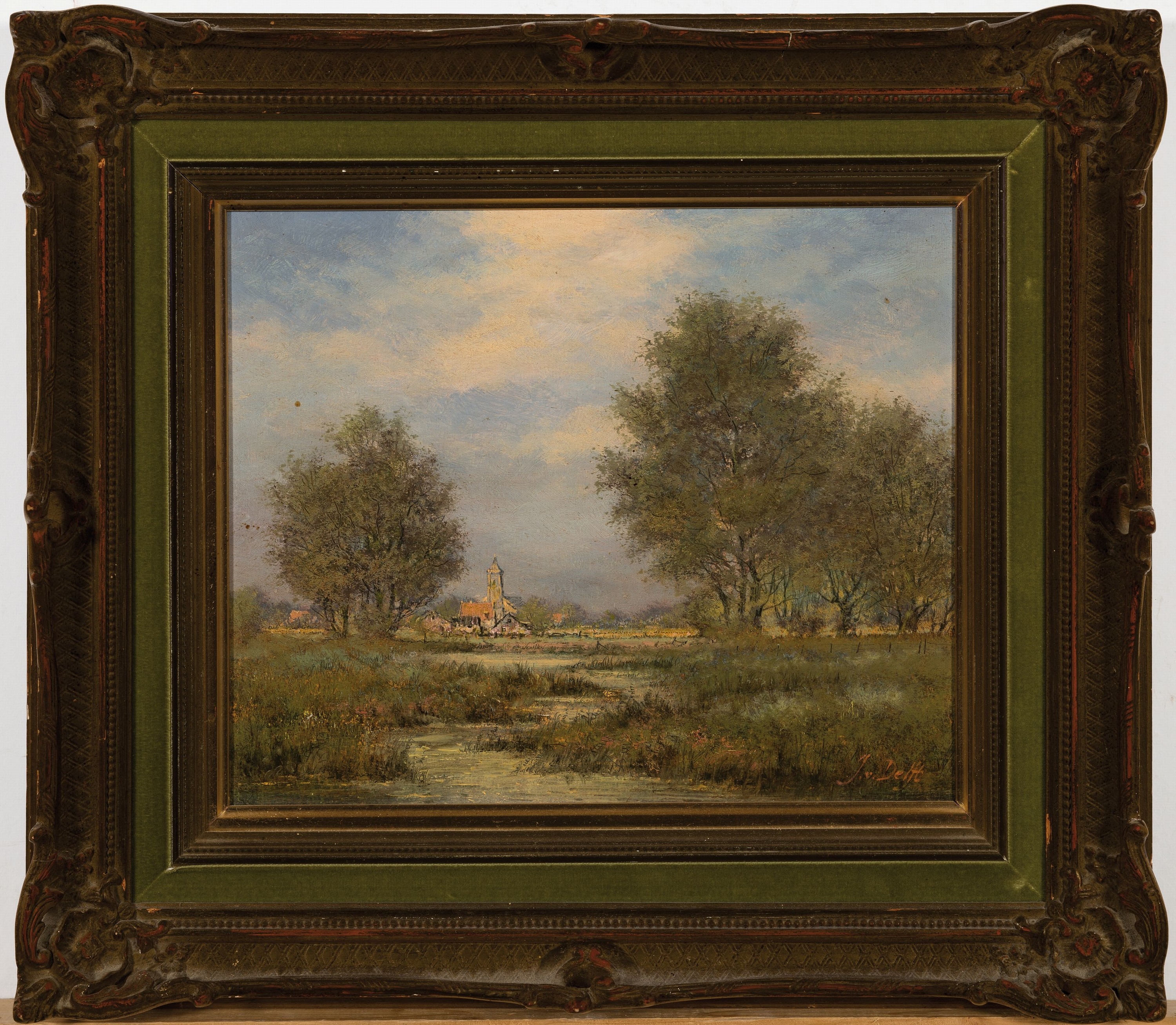 Artwork by Jan Van Delft, Dutch pasture landscape with a view of a village, Made of Oil on Panel