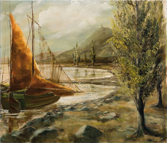 Sailing boat on the shore, in the background acastle on a hill by Hugo Rohleder, 1953