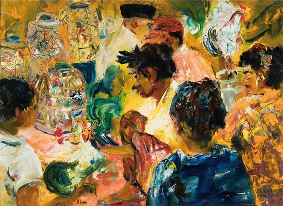 Figure-rich representation before the cockfight in Ubud in Bali, roosters in cages and two roosters on tables can be seen between the people by Fred Brosius