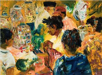 Figure-rich representation before the cockfight in Ubud in Bali, roosters in cages and two roosters on tables can be seen between the people - Fred Brosius