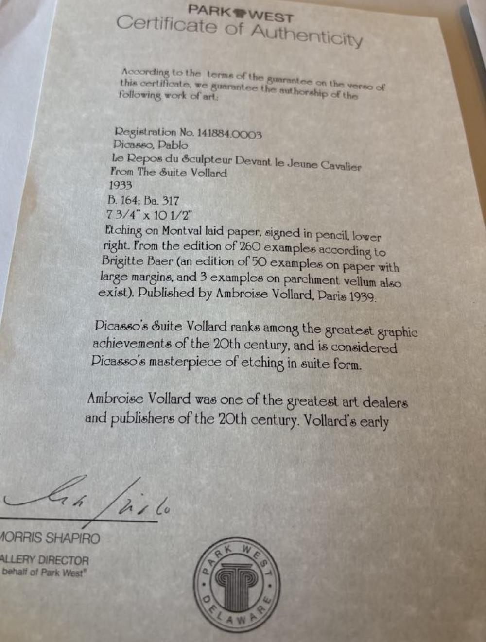 Artwork by Ambroise Vollard, Pablo Picasso "Le Repos du Sculpteur Devant le Jeune Cavalier, Made of Etching on Montval laid paper
