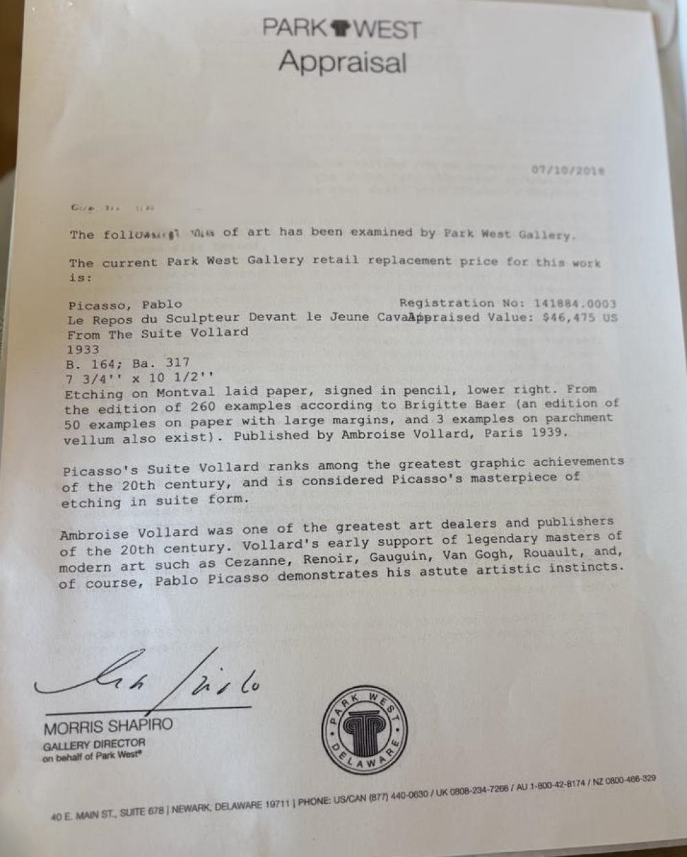 Artwork by Ambroise Vollard, Pablo Picasso "Le Repos du Sculpteur Devant le Jeune Cavalier, Made of Etching on Montval laid paper