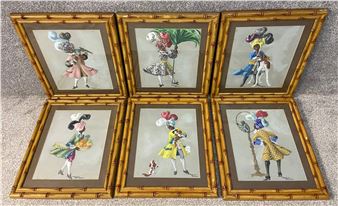 A set of six signed original gouache paintings on paper by Virginia Dawn depicting various figures - Virginia Dawn