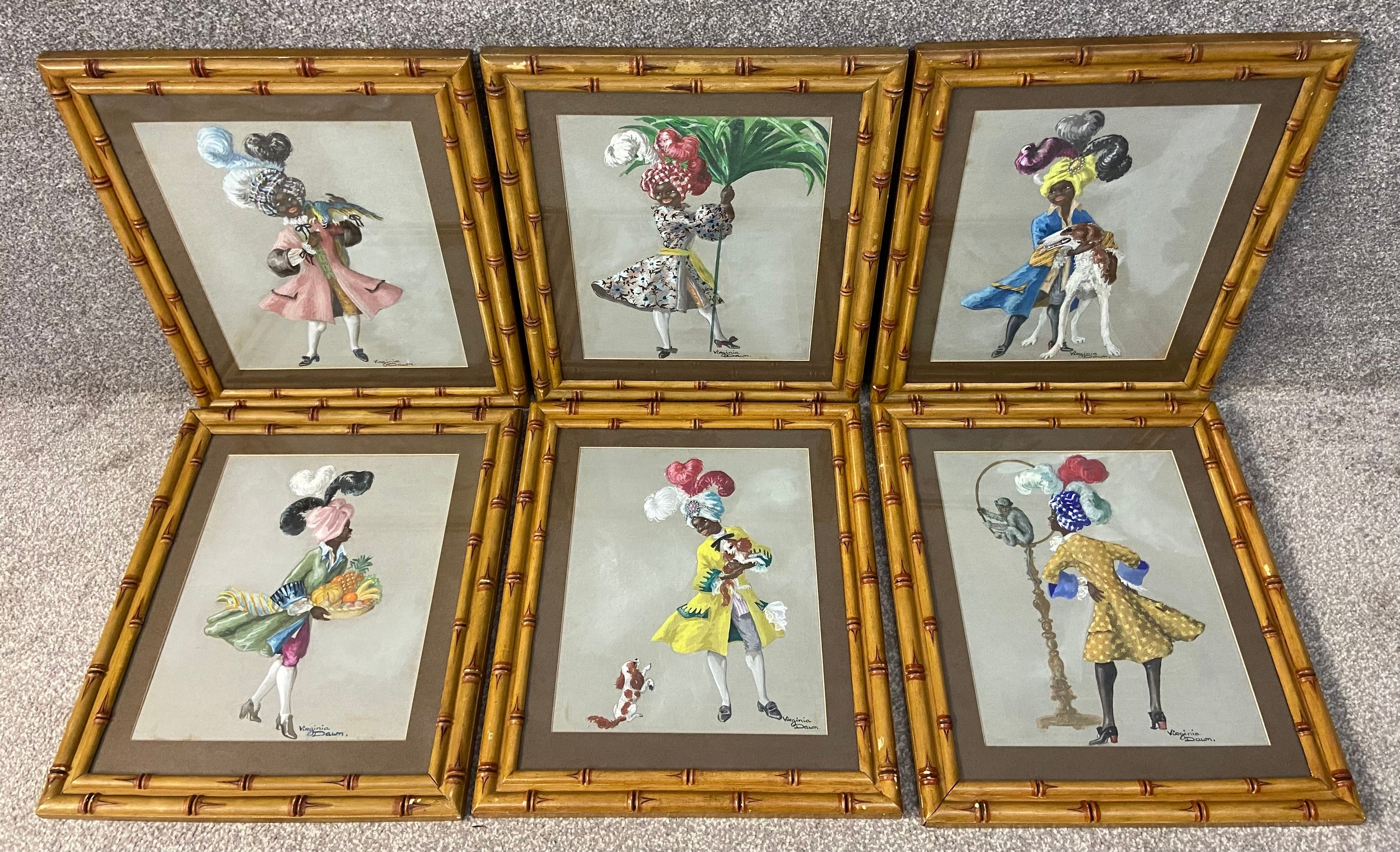 Artwork by Virginia Dawn, A set of six signed original gouache paintings on paper by Virginia Dawn depicting various figures, Made of gouache paintings on paper
