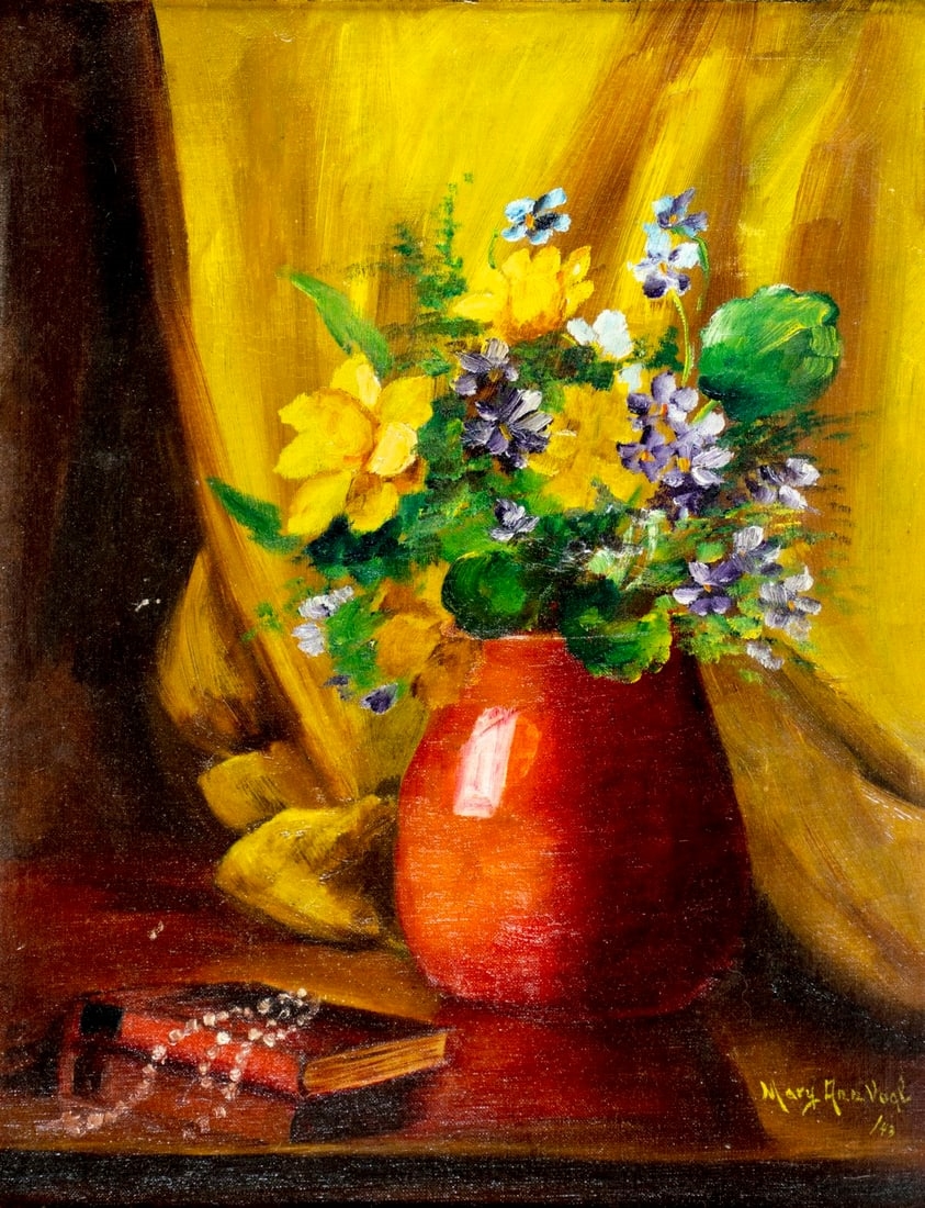 Artwork by Mary Ann Vogl, Still Life with Books and Vase of Flowers, Made of oil on canvas board