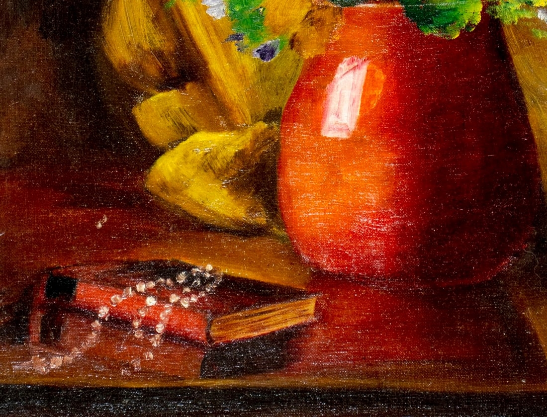 Artwork by Mary Ann Vogl, Still Life with Books and Vase of Flowers, Made of oil on canvas board
