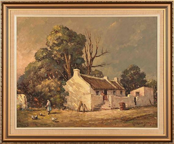 A rustic cottage scene with a figure tending to chickens under a moody sky.
