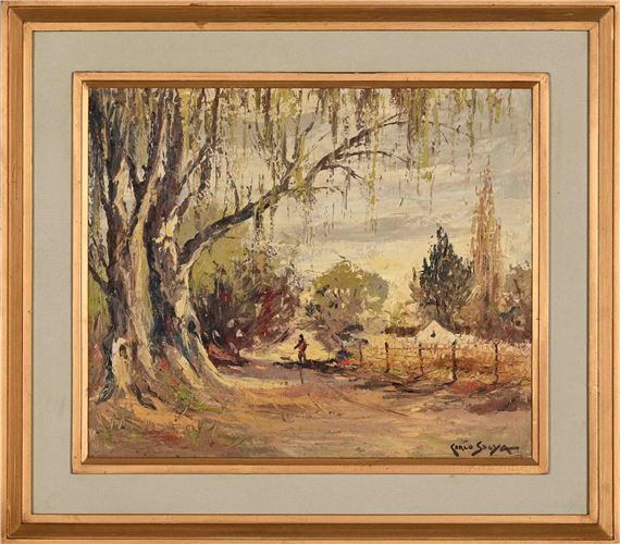 A pastoral landscape featuring a large tree and distant church spire under a soft sky.