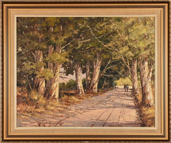 A sun-dappled tree-lined path with two distant figures walking away.