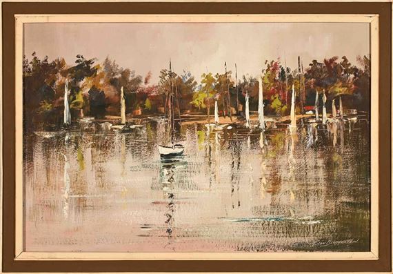 A moody, impressionistic seascape of a harbor filled with sailboats under an overcast sky.