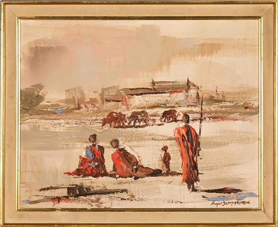A group of figures in red robes stand near a riverbank with distant buildings under a hazy sky.