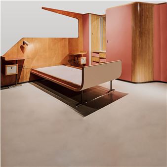Camera per ragazzo composta da: armadio, letto, cassettiera, specchio, due comodini, libreria a parete, boiserie. Legno, formica. Produzione Studio Gregotti Associati, anni '50. by Giotto Stoppino