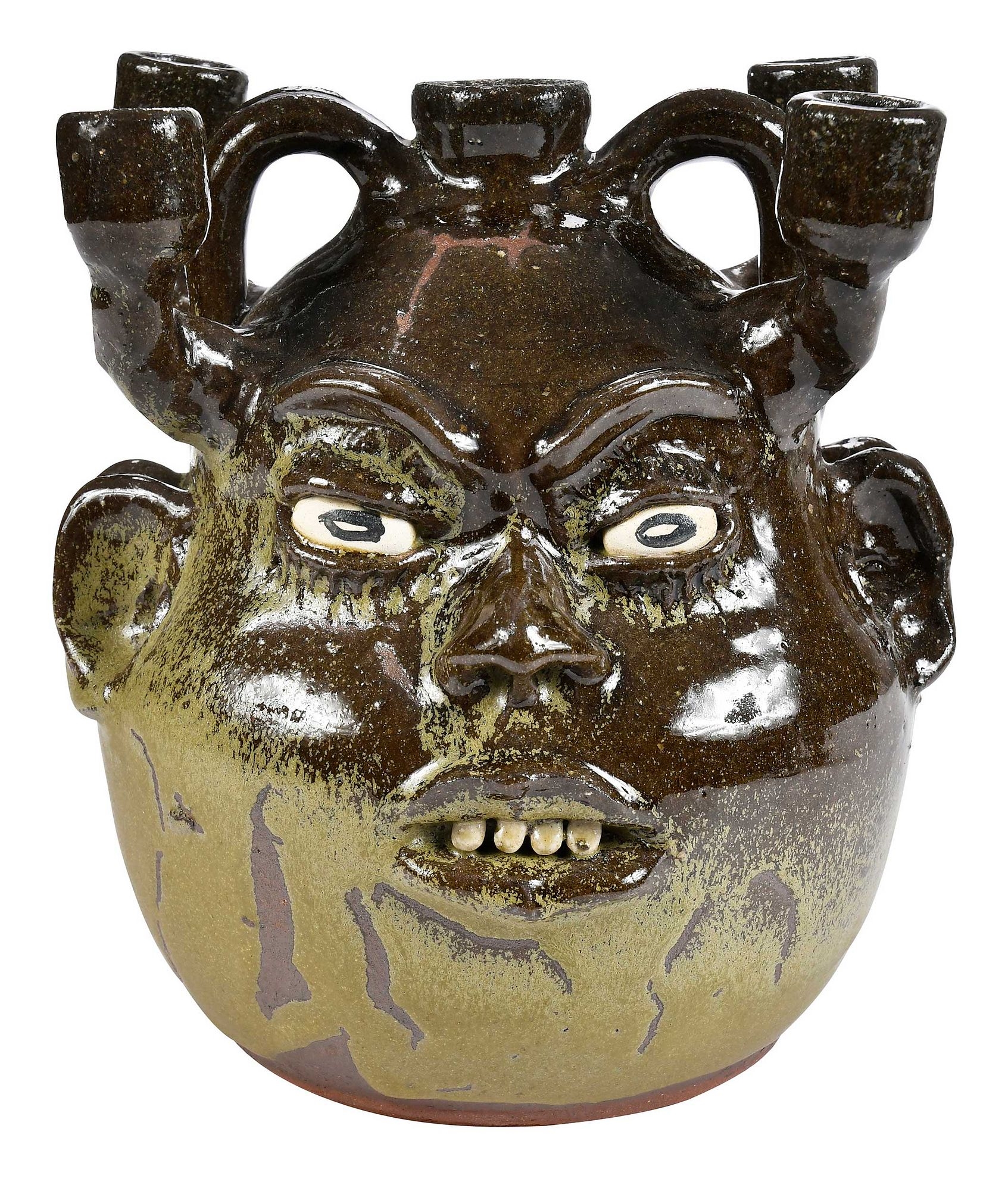 Artwork by Lanier Meaders, Lanier Meaders Double Face Candelabra Stoneware Jug, Made of Stoneware