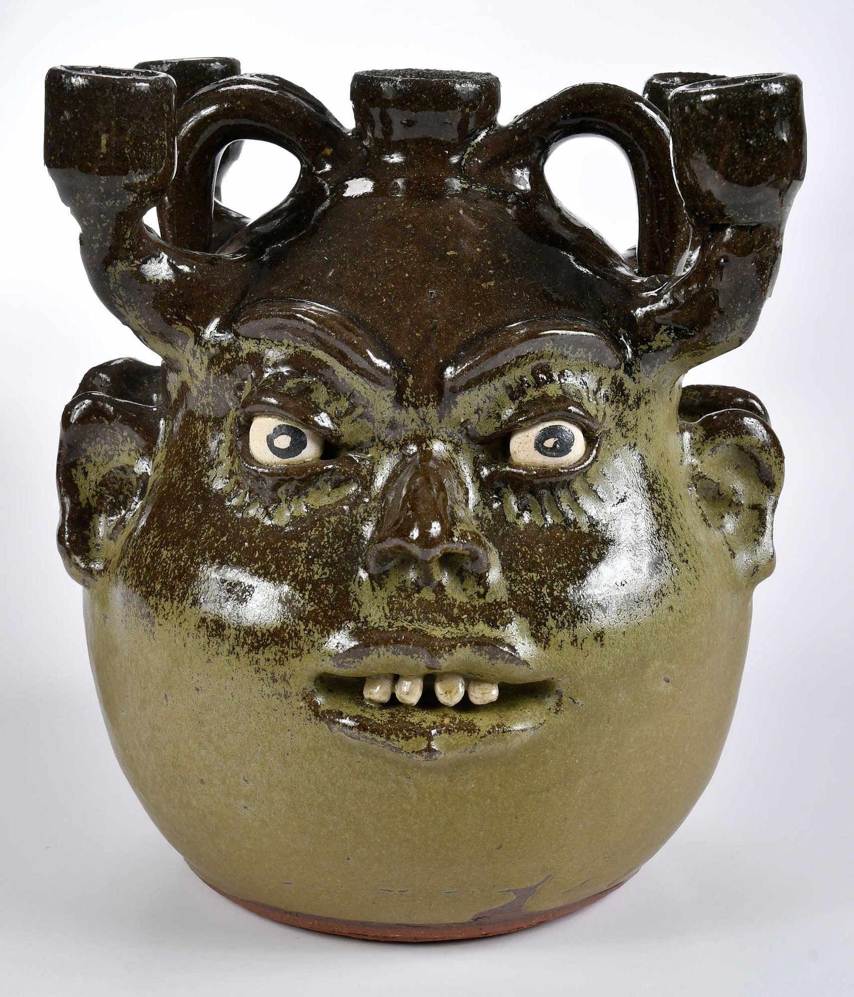 Artwork by Lanier Meaders, Lanier Meaders Double Face Candelabra Stoneware Jug, Made of Stoneware