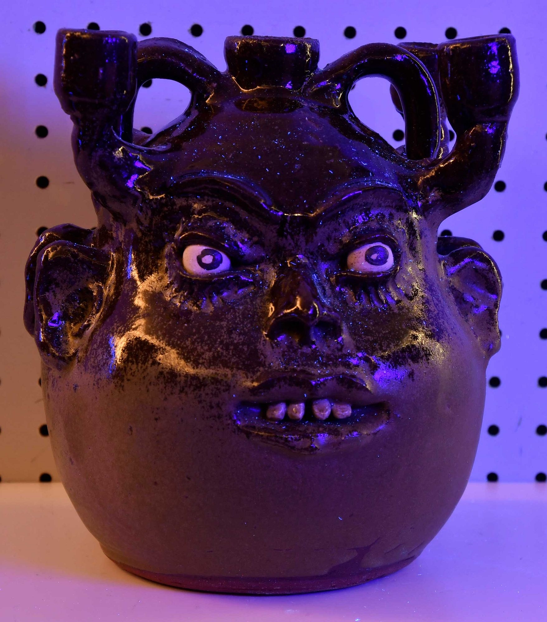 Artwork by Lanier Meaders, Lanier Meaders Double Face Candelabra Stoneware Jug, Made of Stoneware