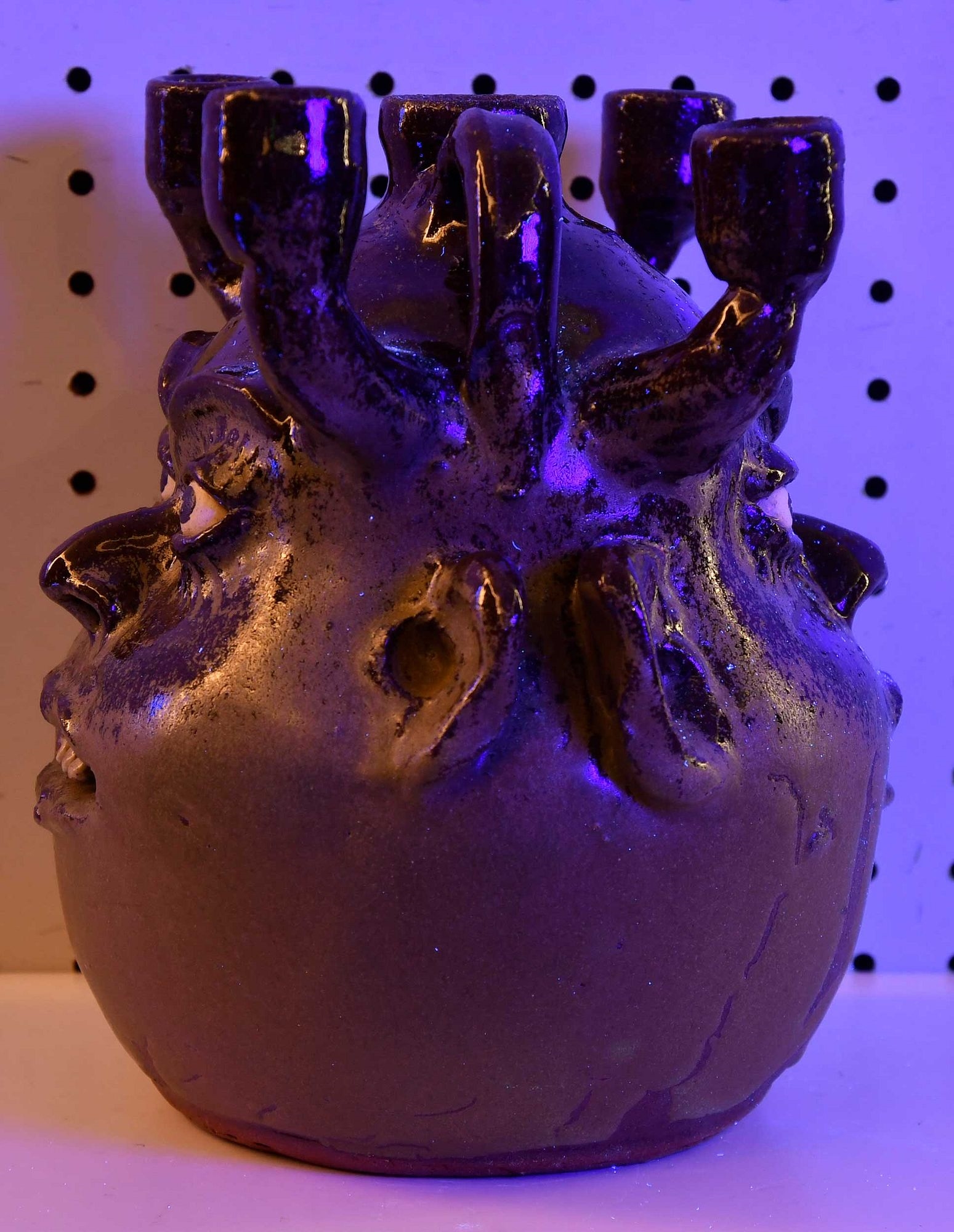 Artwork by Lanier Meaders, Lanier Meaders Double Face Candelabra Stoneware Jug, Made of Stoneware